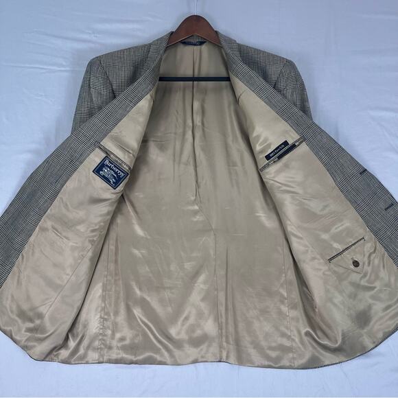 Vintage Burberry Silk Blazer Sport Coat Mens 44 Houndstooth Windowpane Tan - Picture 3 of 13